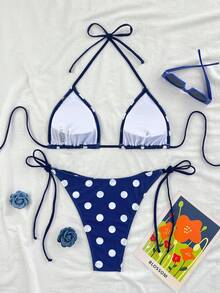 Swim Mod 2026春夏女款黑色底白色波点随机印花甜美可爱侧系带露背比基尼两件套泳装 - 黑與白 - 查看 3