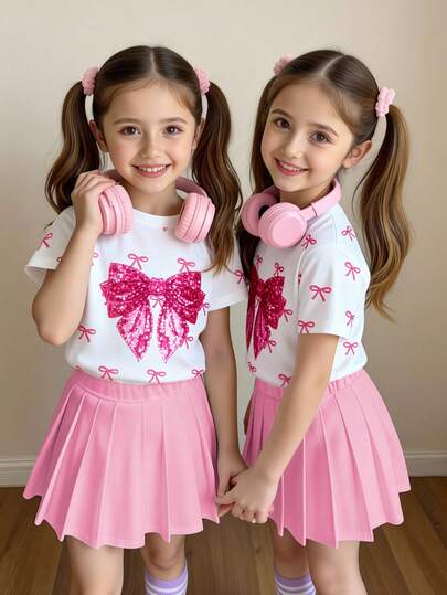 2pcs Set, Fashionable Casual Suitable For Summer, Pink Bow Tie Print Short Sleeve Top And Mini Skirt Set, White T-Shirt And Pink Pleated Mini Skirt
