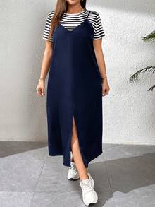 SHEIN Essnce Terno casual feminino plus size, vestido de duas peças, duas peças feminino, terno de verão, roupas para shows, roupas para sair, roupa para shows country de verão - Azul marinho - Ver 1