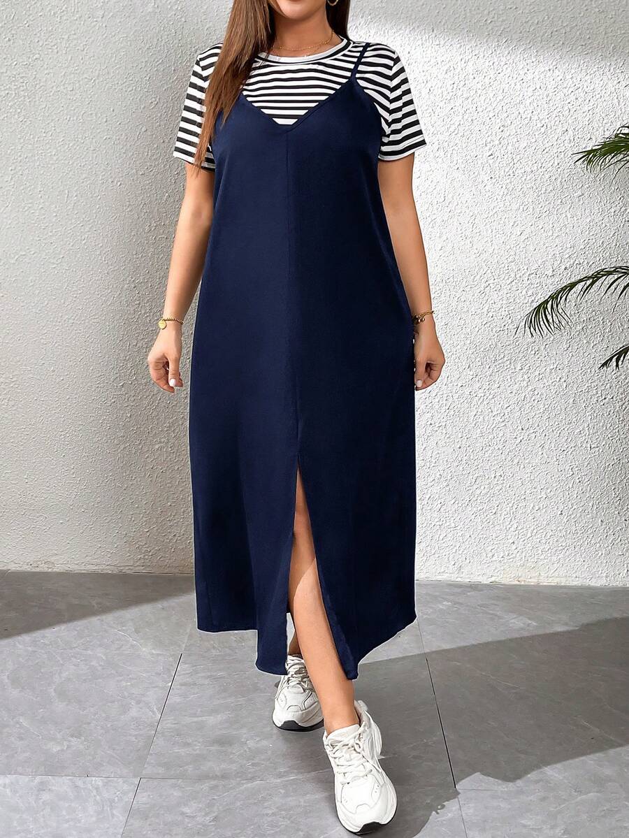 SHEIN Essnce Terno casual feminino plus size, vestido de duas peças, duas peças feminino, terno de verão, roupas para shows, roupas para sair, roupa para shows country de verão - Azul marinho - Ver 1