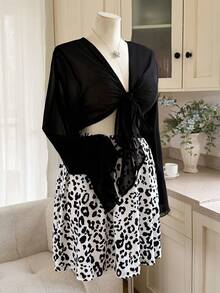 Linhara Plus Size Women Solid Leopard Print Chiffon Cardigan & Shorts 2-Piece Set - Black - View 5