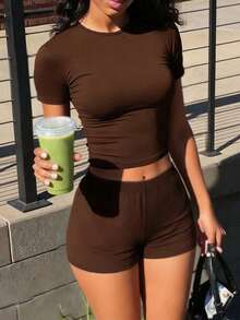 INAWLY 2件套纯色圆领短袖修身夏季套装 - 咖啡棕 - 查看 1