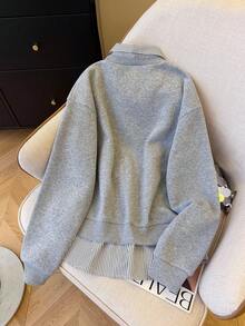 Resyla 大码女式二合一拼接骑士印花休闲百搭日常卫衣 - 灰色 - 查看 2