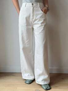 DAZY Pantalones rectos de longitud hasta el tobillo para mujer, color blanco sólido, casuales y elegantes, para primavera/verano - Blanco - Ver 4