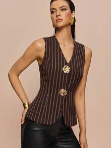 Rafferiza 女士V领修身金色玫瑰纽扣装饰吊带背心 - 彩色 - 查看 4