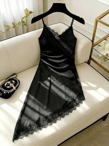 Franclia 女士优雅不对称蕾丝缎面吊带裙，2026春夏鸡尾酒会晚礼服，女士晚宴礼服，优雅晚礼服，正式礼服，高品质连衣裙，裹身裙，女士连衣裙，迷你连衣裙，黑色连衣裙，蕾丝边连衣裙，缎面蕾丝连衣裙，女士派对连衣裙 - 黑色 - 查看 3