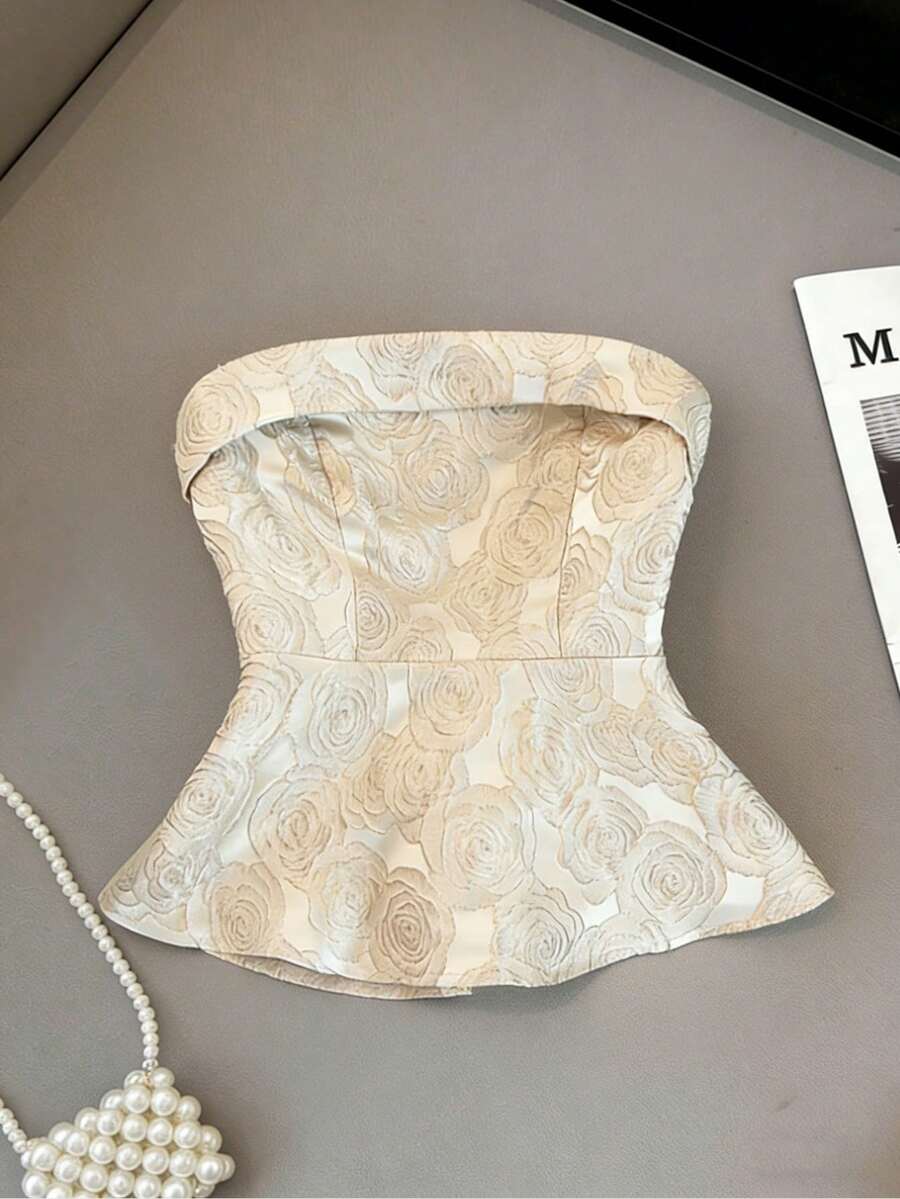 GlowEve 优雅提花面料收腰抹胸上衣，女士款 - 白色 - 查看 1