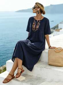 Linhara CURVE Đầm dài dáng rộng bằng cotton mài họa tiết hoa thêu dành cho nữ cỡ lớn, kiểu dáng thường ngày. - Màu xanh lam - Xem 1