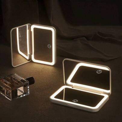 Teckwe Gương trang điểm có đèn LED, màn hình cảm ứng, 3 chế độ chiếu sáng, chân đế di động, có thể gập lại để cất giữ, gương trang điểm du lịch có đèn, pin sạc, đèn 3 màu điều chỉnh được, phụ kiện trang điểm du lịch, quà tặng sinh nhật cho mẹ và bạn bè, trang bị pin sạc 400mAh.