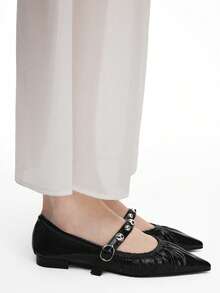 Mnmlis Women's Spring/Summer Fashion Silver Rivet Pointed Toe Flat Mary Jane Shoes, French Style Soft Leather Black Office Daily Wear - Black - View 9