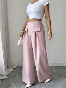 Elenzga Women's Pink Faux Pocket Design Elegant Wide Leg Pants For Commuting - Pink - View 6