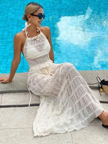 Livesso 女士透视系带上衣和长裙休闲沙滩装，性感优雅 - 杏色 - 查看 7