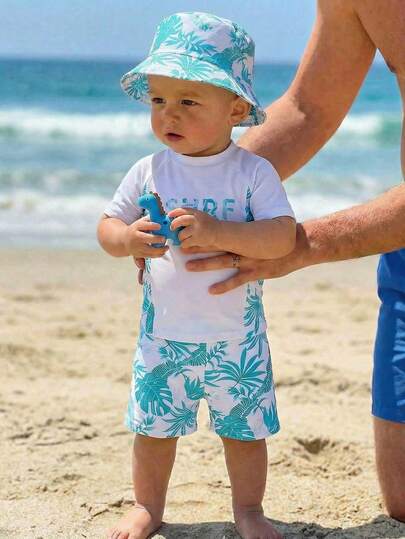 SHEIN Baby Boy Casual Slim Fit Round Neck Short Sleeve Swimsuit Set, Suitable For Summer, Tropical Plant, Leaf, Ocean Blue Print, Fresh, Graphic Print, Suitable For Surfing, Beach Vacation, Swimming