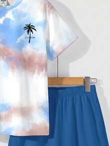 Bộ áo thun nam trẻ tuổi phong cách tối giản thường ngày, kiểu dáng nghỉ dưỡng, nhuộm tie-dye, họa tiết cây dừa, bãi biển, thể thao, mềm mại và thoải mái, thích hợp cho mùa hè. - trắng - Xem 5