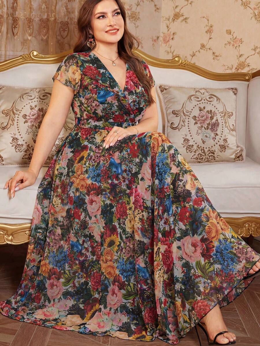 Reflora 大码女士优雅印花连衣裙，夏季婚礼宾客礼服