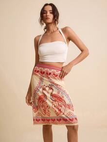 LOTSLUV 女士杏色和橙色半身裙，饰有心形和孔雀图案、刺绣和串珠装饰，适合春夏穿着。 - 橘色 - 查看 4