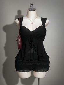 SHEIN ICON 大码女式纯色扭结前襟背心 - 黑色 - 查看 4
