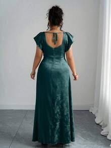 Elenzga Đầm dài tay bồng cổ vuông xẻ tà dành cho nữ cỡ lớn, chất liệu vải jacquard bóng màu xanh lá cây, đa năng cho đi làm, mặc hàng ngày, dự tiệc cưới, dạ hội, lễ tốt nghiệp, mua sắm, chụp ảnh, thoải mái và thời trang. - Màu xanh lá cây đậm - Xem 2