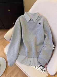 Resyla 大码女式二合一拼接骑士印花休闲百搭日常卫衣 - 灰色 - 查看 3