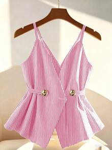 Trelyra Áo camisole nữ kiểu dáng thường ngày kẻ sọc có cúc trang trí - Hồng - Xem 3