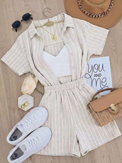 Franclia 女士条纹单排扣短袖上衣和短裤休闲日常两件套