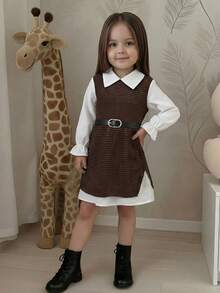 女童可爱撞色二合一连衣裙（不含腰带） - 棕色 - 查看 2