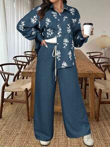 Ceyna Plus Size Women French Style Casual Elegant Long Sleeve Top And Pants 2 Pieces Set, Autumn/Winter Women Clothes Sets Floral Print Set - Navy Blue - View 3
