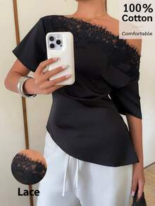 Siren Gaze 女士100%纯棉优雅黑色上衣 - 不对称肩领和蕾丝饰边短袖修身T恤，适合春夏工作、派对、晚宴、约会、鸡尾酒会、正式场合和下午茶。 - 彩色 - 查看 4