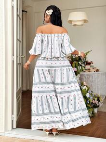 Celure Plus Size Women's Off-Shoulder Petal Sleeve Printed Striped A-Line Dress, Vacation Style - Multicolor - View 2