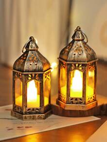 1/4个复古LED灯笼，适用于婚礼装饰，灯笼内含闪烁蜡烛，电池供电，适合婚礼、节日、悬挂式小灯、圣诞派对装饰、感恩节装饰、秋季装饰、丰收节装饰、房间装饰、卧室装饰、圣诞树装饰灯笼 - 銅色 - 查看 4
