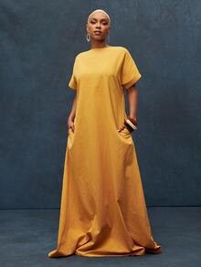 100% Cotton Cuffed Drop Shoulder Sleeve Deep Open V Neck Back Maxi Dress - Yellow - View 4