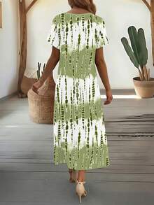 SHEIN LUNE CURVE Đầm ngắn tay cổ chữ V in họa tiết nhuộm tie-dye cỡ lớn dành cho nữ, đầm maxi nữ, đầm xẻ tà, đầm thường ngày cho kỳ nghỉ hè. - Nhiều màu - Xem 2