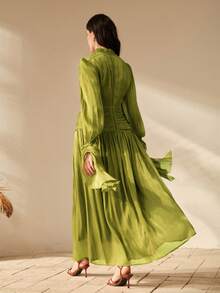 Anewsta 女士褶裥长裙，优雅时尚的正式礼服 - 芥末黃 - 查看 3