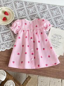 SHEIN Newly Born Baby Girl Light Pink Summer Cute Birthday White Lace Bubble Short Sleeved Dress Gold Rose Pattern Abaya Arabic Baby Clothing Party Gown - Pink - View 2