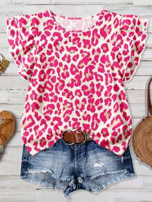 SHEIN Clasi 休闲简约风粉色豹纹荷叶边下摆女式衬衫，适合春夏穿着 - 彩色 - 查看 3