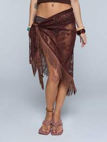 COUREZ Penutup Pantai Multiwear Motif Polka Cokelat dengan Hiasan Rumbai, Pakaian Liburan Musim Panas Gaya Boho untuk Wanita, Pakaian Renang Musim Semi Gaya Y2K - Coklat - View 2