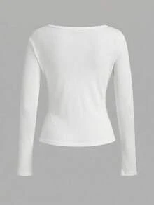 Tseoso 97%纯棉女士亨利领两件套，纽扣长袖T恤，白色 - 白色 - 查看 11