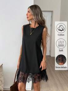 Easowa Cotton Crew Neck Sleeveless Lace Hem Mini Dress, Suitable For Casual, Beach, Holiday Wear, Spring/Summer Women's Sleeveless Black Shift Dress With Delicate Lace Hem And Round Neck Soft Cotton Feel For Summer Summer Dress Spring Dresses Beach Dress Casual Dresses For Women Vacation Dress Ruffle Dress,Black Dress For Women,Summer Dresses For Women - Black - View 4
