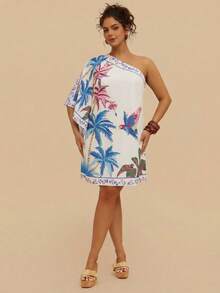 Travachic Plus Size Casual Asymmetric Neck Tropical Botanical Print Mini Dress, Navy Blue, Suitable For Summer & Autumn - Apricot - View 5