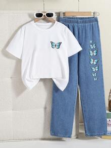 Sparklyn Tween Girls Y2K Style Vintage Light Wash Denim, Blue Butterfly Print, Relaxed Fit 2 Pieces Set, Soft & Comfortable Fabric, Versatile Daily Wear - Multicolor - View 3