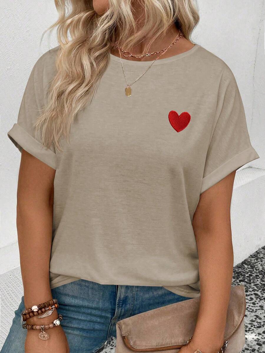 EMERY ROSE New Arrival Plus Size Women Heart Print Round Neck Short Sleeve T-Shirt - Khaki - View 1