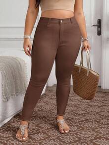 EMERY ROSE Quần jeans nữ cỡ lớn cạp cao ôm sát, kiểu dáng thường ngày, đa năng. - Cà phê nâu - Xem 2