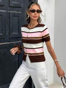 Women's Striped Short Sleeve Single-Breasted Casual Thin Cardigan - Multicolor - View 5