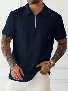 Manfinity Homme 男士純色短袖休閒通勤 Polo 衫，拉鍊休閒 Polo 衫 - 藏蓝色 - 查看 3