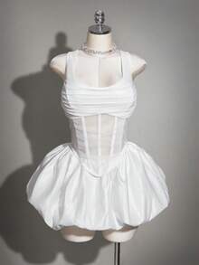 SHEIN ICON Áo corset lưới phối satin tương phản dành cho nữ cỡ lớn - trắng - Xem 4