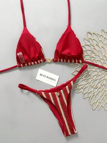 Swim Mod Women's Spring/Summer New Special Fabric Metal Decor V-Neck Halter Backless Triangle Bikini Top And Bottoms Two Pieces Swimwear - Red - View 2
