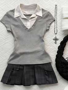 Glimmora 女士休闲撞色短袖二合一 Polo 衫，夏季 - 灰色 - 查看 1