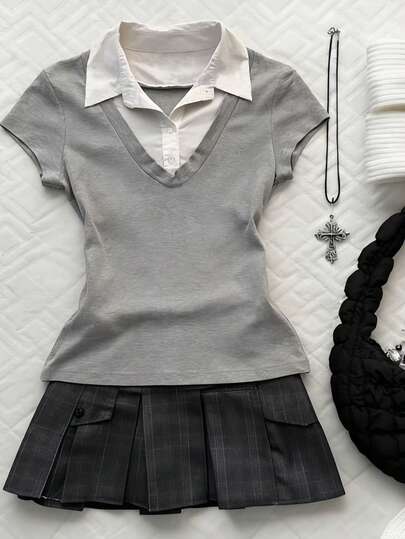 Glimmora Women's Casual Contrast Color Short Sleeve 2 In 1 Polo Shirt, Summer