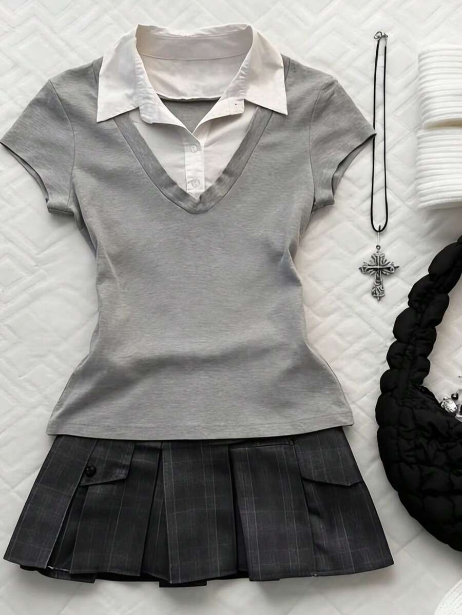 Glimmora 女士休闲撞色短袖二合一 Polo 衫，夏季 - 灰色 - 查看 1