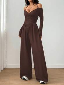 Flirla Women's Solid Color Off-Shoulder Long Sleeve Ruched Wide Leg Jumpsuit With Neck Tie - Coffee Brown - View 3